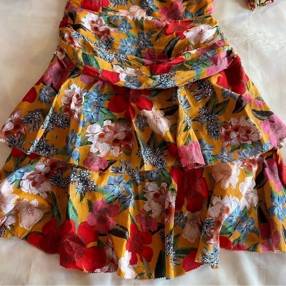 NICHOLAS- Orange Tangerine Floral Puff Sleeve Pintuck Mini Dress Size 4 - Picture 8 of 9